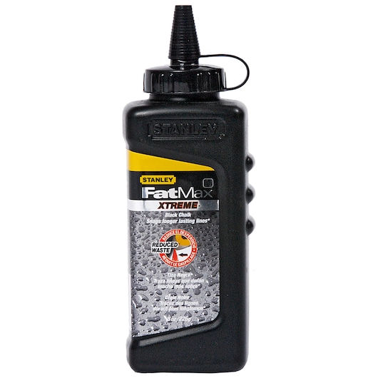STANLEY 9-47-822 photography of black FatMax XTREME chalk bottle with pointed cap, front angle on white background.