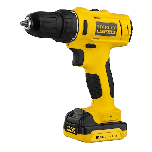 STANLEY FMC011S2 cordless drill, yellow and black, side angle, with 10.8V lithium battery.