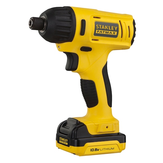 STANLEY FMC041S2 yellow and black cordless impact driver, 10.8V lithium, front-left angle on white background.