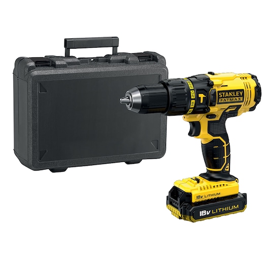 STANLEY FMC626D2K cordless drill with black and yellow body, 18V lithium battery, and black carrying case, front angle.