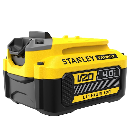 STANLEY FMC688L V20 4.0Ah Lithium Ion battery, angled front view with yellow and black casing.