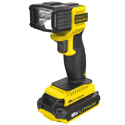Photo of STANLEY FMC705B handheld cordless LED work light with 18V lithium battery, angled view.