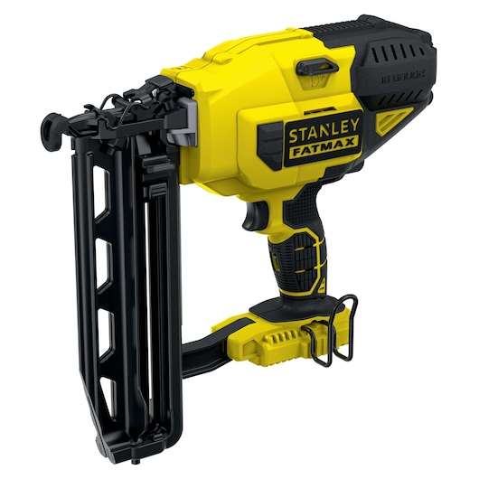 Photo of STANLEY FMC792B cordless nailer, yellow and black body, right-side angle on white background.