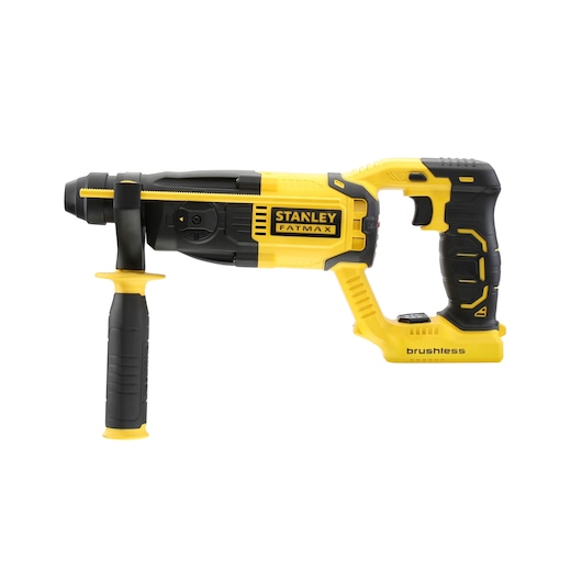 STANLEY FMCD900B rotary hammer drill, yellow and black, side angle on white background.
