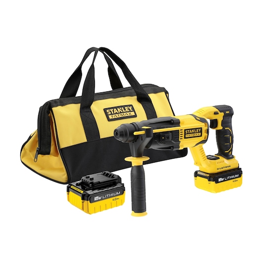 Stanley Fatmax cordless drill set with tool bag and two 18V lithium batteries, black and yellow design.