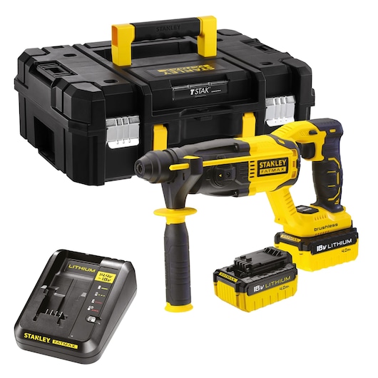 STANLEY FMCD900M2T cordless rotary hammer drill with side handle, two 18V lithium batteries, charger, and black tool case, front angle.