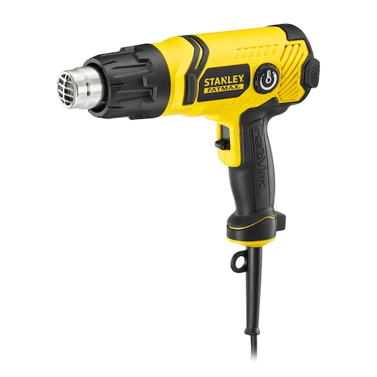 STANLEY FME670K heat gun, yellow and black, side angle, ergonomic handle and power cord visible, photography.