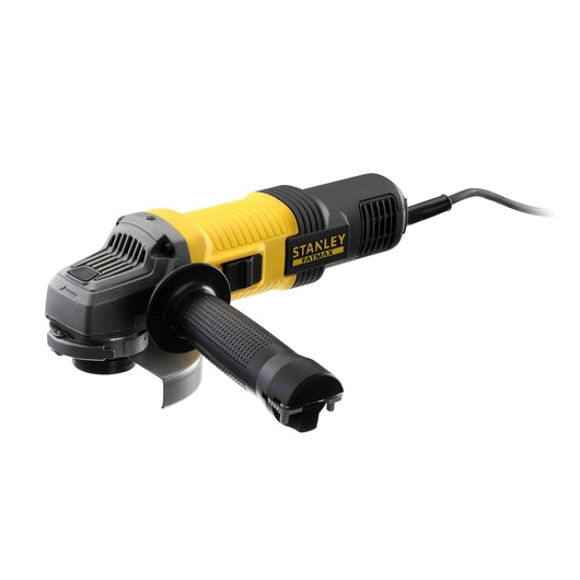 STANLEY FMEG210K angle grinder, yellow and black, side view on white background.