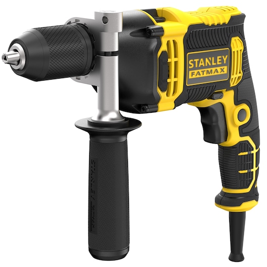 STANLEY FMEH750 corded hammer drill with side handle, black and yellow, front angle photo.