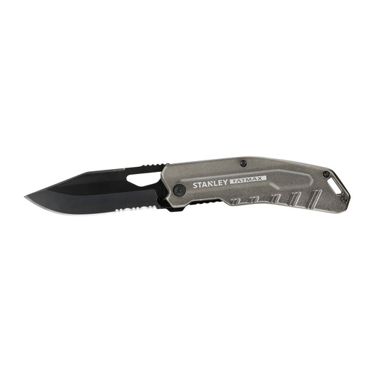 STANLEY FMHT0-10312 folding pocket knife, grey handle, black blade, product side view, photography.