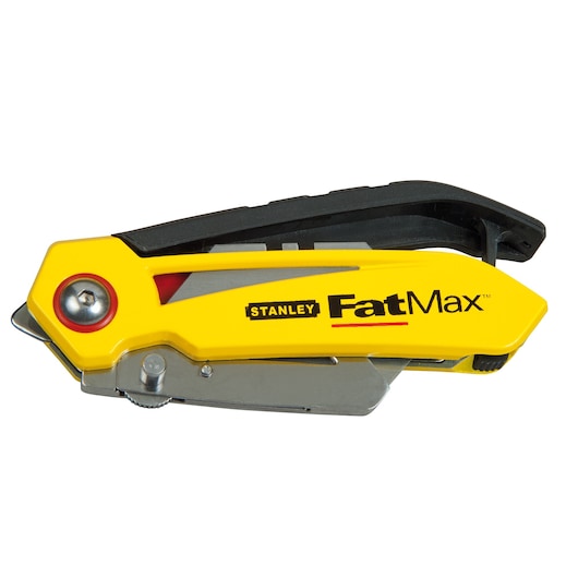 Stanley FatMax FMHT0-10827 yellow folding utility knife, side angle, tool category, white background.