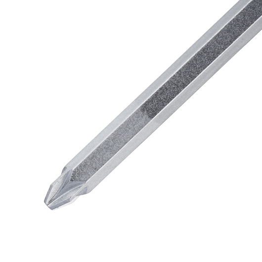STANLEY FMHT0-62624 screwdriver tip close-up, silver metal Phillips head, on white background.