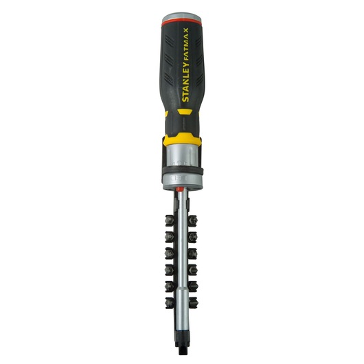 STANLEY FMHT0-62689 ratcheting screwdriver with black and yellow handle, shown with multiple bits, front angle.