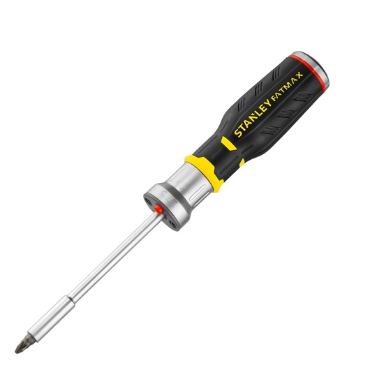 Stanley FatMax screwdriver with black and yellow ergonomic handle and interchangeable bit.