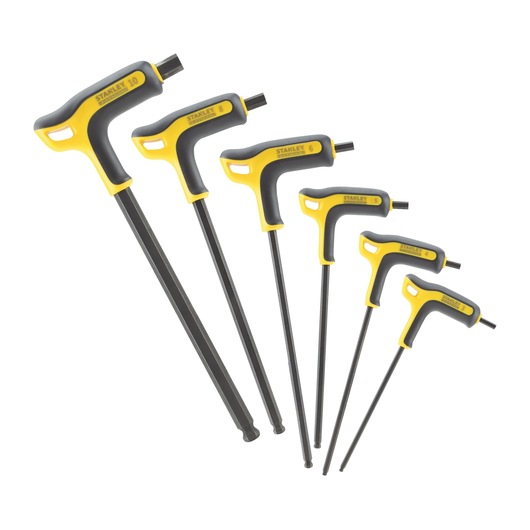 Stanley T-handle hex key set with yellow and black grips, shown in six different sizes.