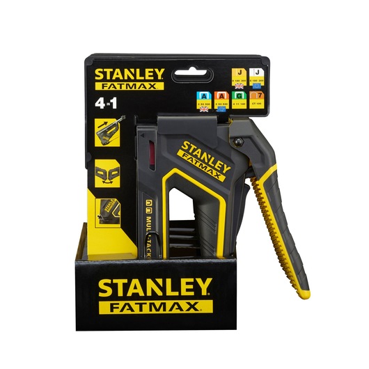 Stanley FMHT0-80550 staple gun, black and yellow, front angle in packaging.