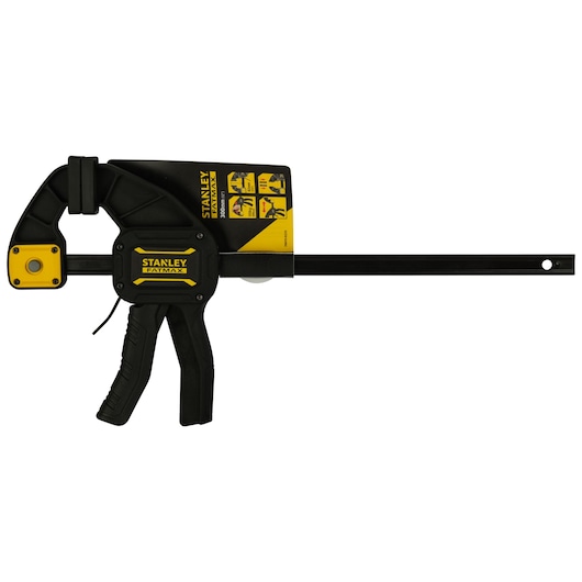 Photo of STANLEY FMHT0-83235 bar clamp with black and yellow handle, front view on white background.