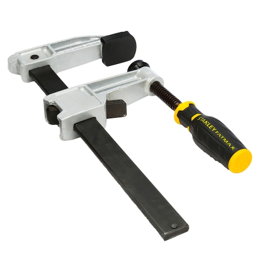 Photo of STANLEY FMHT0-83246 bar clamp with yellow and black handle, angled on white background.