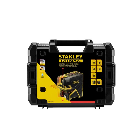 STANLEY FMHT1-77414 laser level with red beam in black and yellow hard case, front angle on white background.