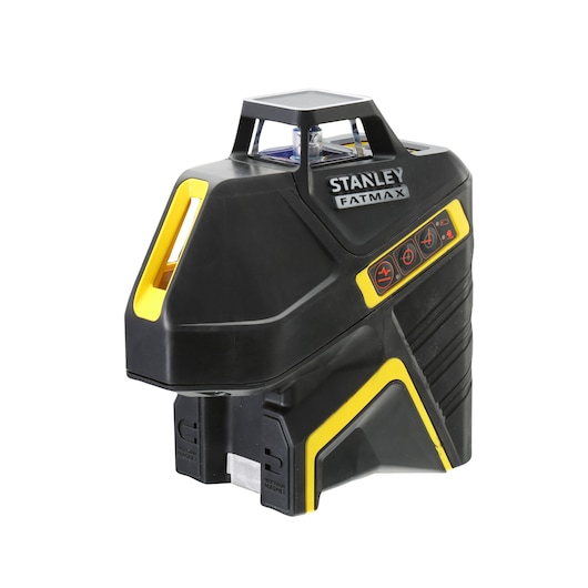 STANLEY FMHT1-77416 laser level, black and yellow, front angle on white background.