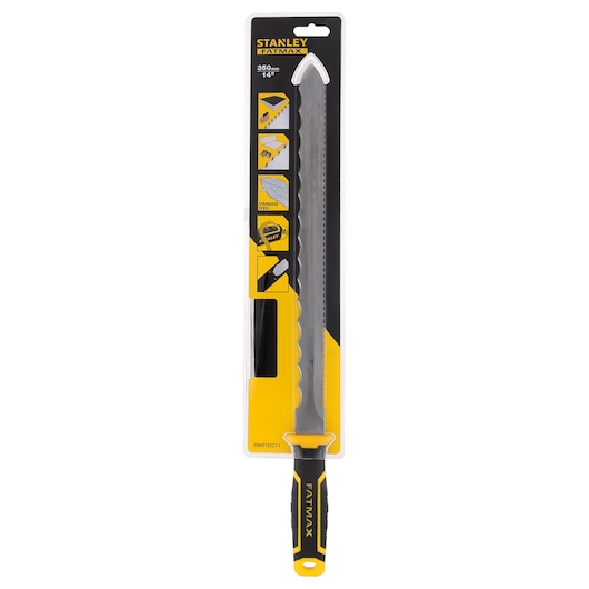 STANLEY FMHT10327-1 saw knife with black and yellow handle in packaging, front view.