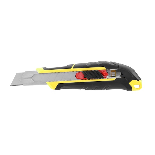 STANLEY FMHT10338-0 utility knife, black and yellow body, side angle, silver segmented blade.