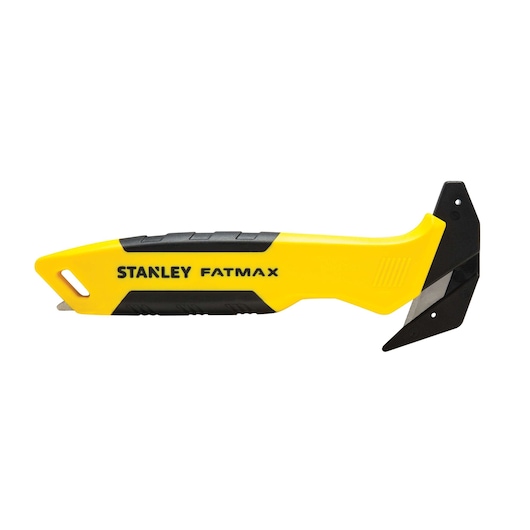 STANLEY FMHT10358-0 yellow and black utility tool side view with safety blade and angled edge, FATMAX label.