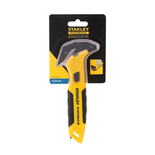 STANLEY FMHT10358-0 utility pull cutter with yellow and black handle, front angle, on retail packaging.