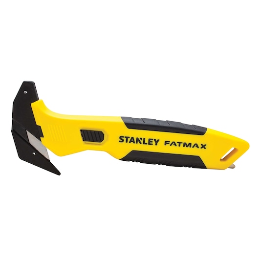 Stanley FATMAX multi-function utility tool side view, yellow and black handle, white background
