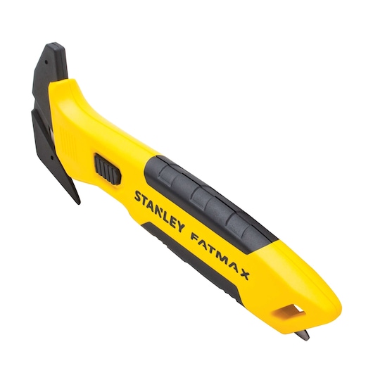Stanley FATMAX yellow and black safety utility knife, angled side view on white background.
