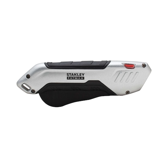 STANLEY FMHT10370-0 folding utility knife, silver and black, left side view on white background.