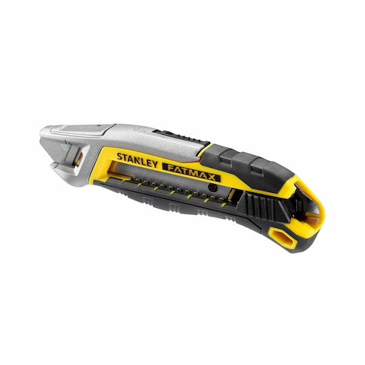 Photo of STANLEY FMHT10594-0 FATMAX utility knife with yellow and black body, side angle on white background.
