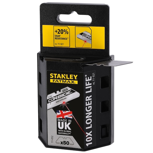 Stanley Fatmax Carbide utility blades pack, UK made, 50 pieces, claims 10x longer life and 20% more snap resistance.