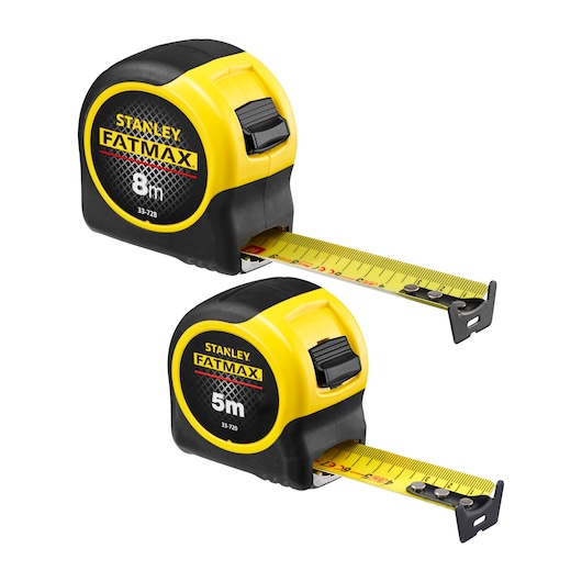 STANLEY FMHT31725-0 tape measures, FATMAX series, yellow and black, front angle, 8m and 5m lengths.