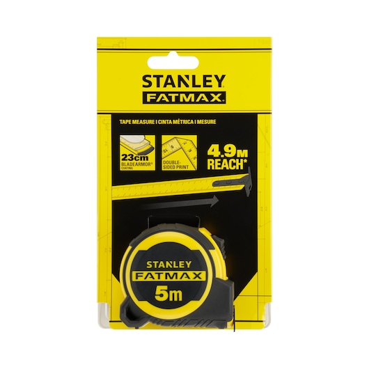 Photo of STANLEY FATMAX 5m tape measure, SKU FMHT33100-0, in yellow and black packaging, front angle.