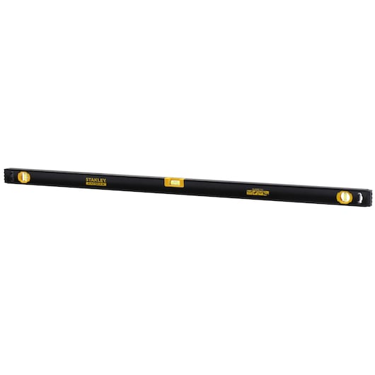 Stanley FMHT42559-1 spirit level, black with yellow accents, photography, angled on white background