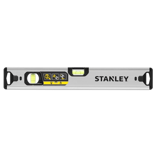 Front view photo of STANLEY FMHT43670-1 aluminum spirit level with three vials, silver body, and black end caps.