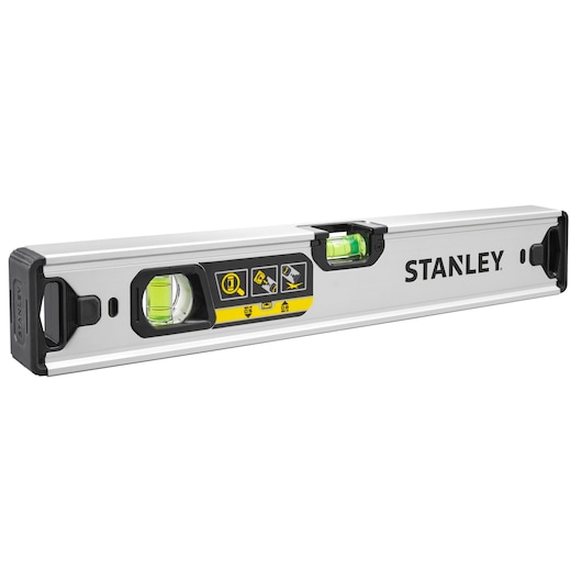 Photo of STANLEY FMHT43670-1 spirit level, silver body, two vials, black end caps, angled view on white background.