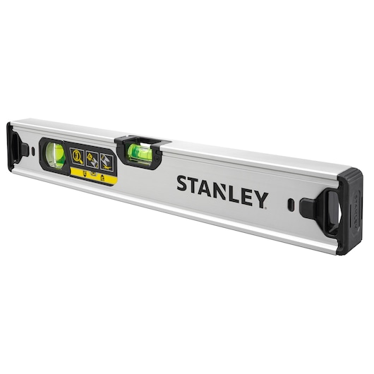 STANLEY FMHT43670-1 spirit level, silver with black ends, two vials, side angle on white background.