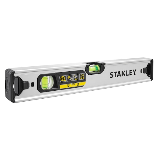 STANLEY FMHT43671-1 spirit level with dual vials, silver body, yellow accent, side angle, construction tool.