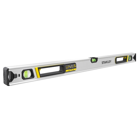 STANLEY FMHT43675-1 spirit level with three vials, aluminum body, black and yellow accents, angled view.