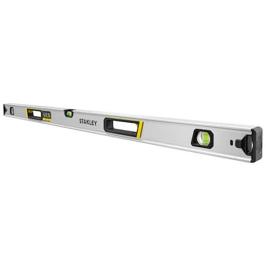 Photo of STANLEY FMHT43676-1 spirit level, silver with yellow accents, three vials, side angled view.