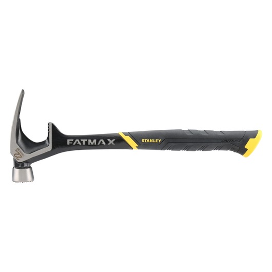 Stanley FATMAX claw hammer with black and yellow anti-vibration handle, side view on white background.