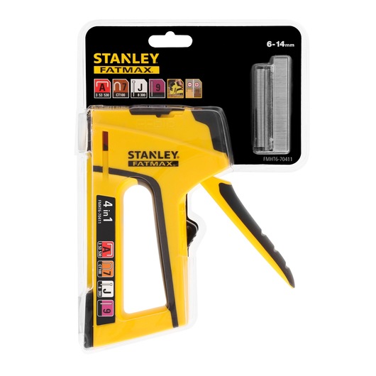 Photo of STANLEY FMHT6-70411 FatMax 4-in-1 staple and nail gun in yellow, front angle, in retail packaging.