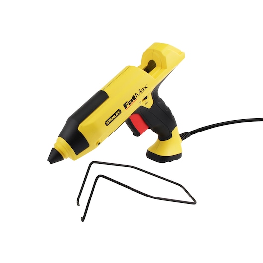 Yellow and black Stanley FatMax hot glue gun with stand and power cord, shown on a white background.