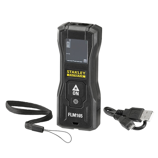 Stanley FLM165 laser distance measurer with wrist strap and USB charging cable, shown on white background.