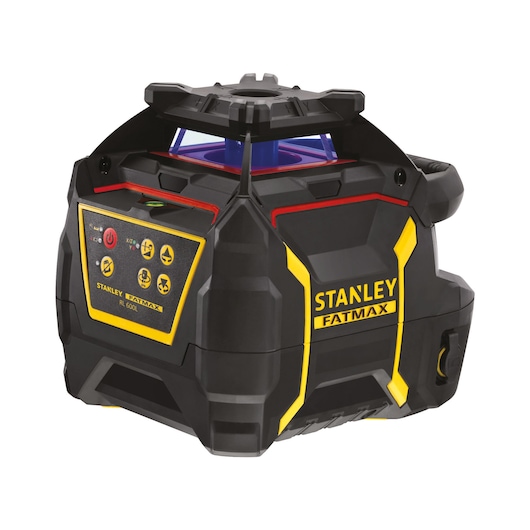 Stanley Fatmax RL600L rotary laser level, black and yellow, control panel and sturdy design.