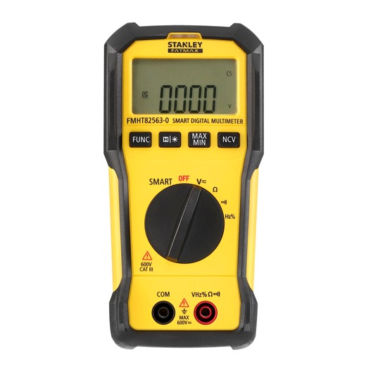Photo of STANLEY FMHT82563-0 smart digital multimeter, yellow and black, front view on white background.