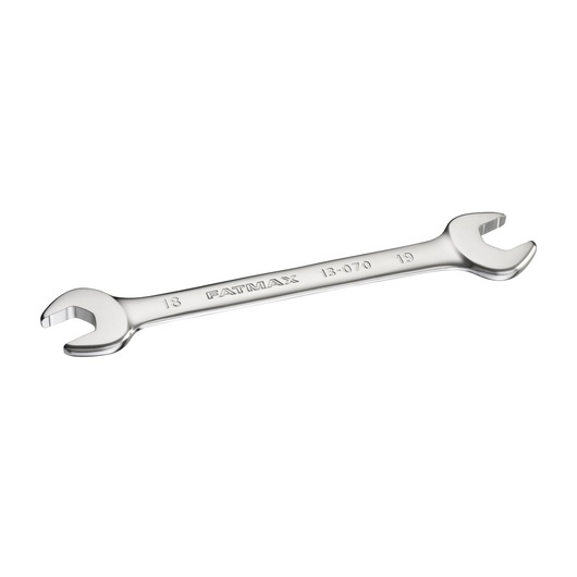 Double open-end wrench with polished finish, sizes 13mm and 19mm, FATMAX branding visible on tool.