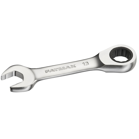 STANLEY FMMT13111-0 ratcheting combination wrench, silver, side angle photo.